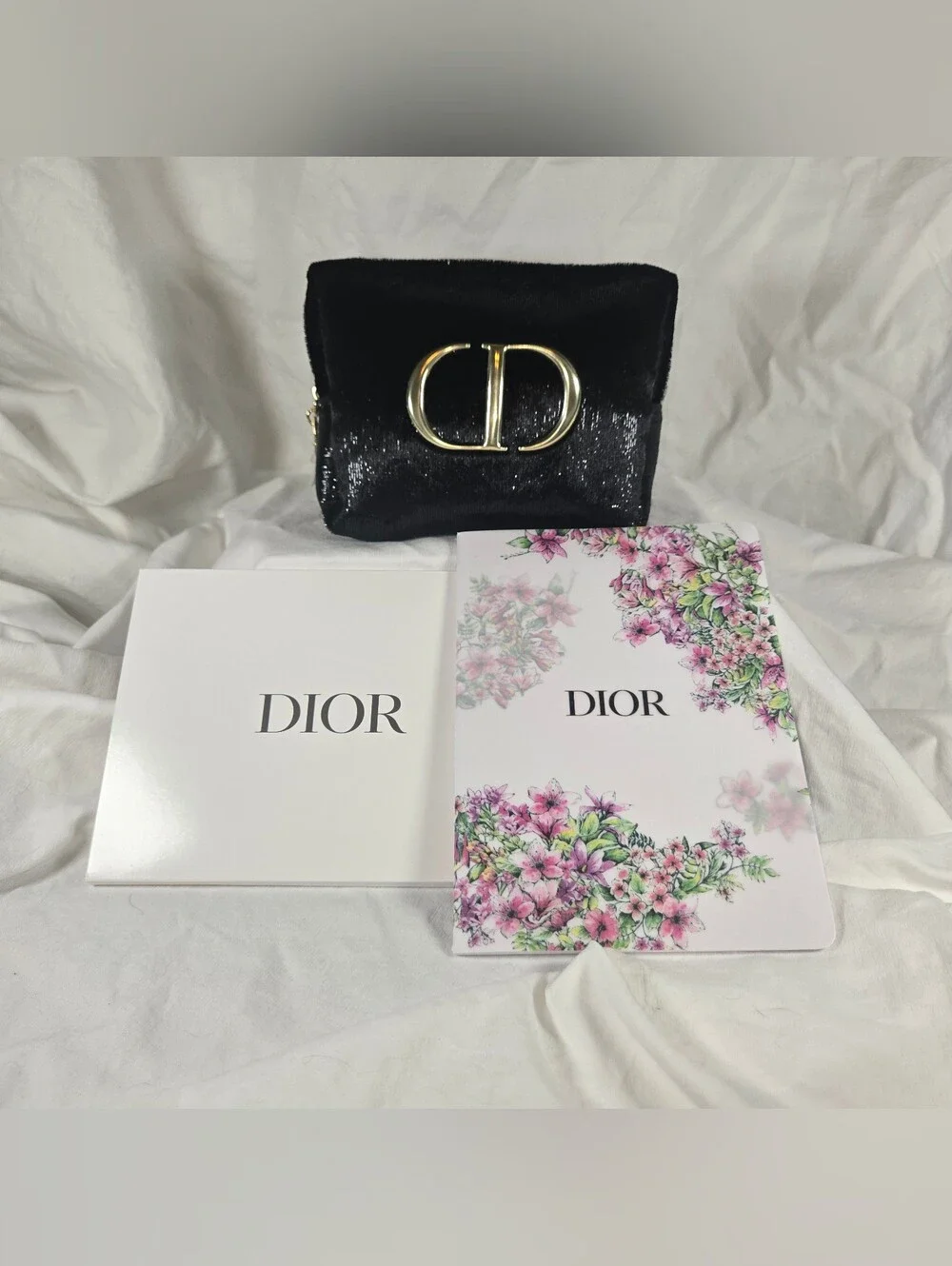 Dior Black Textured Cosmetic Pouch with Gold CD Emblem & Notebook NWT